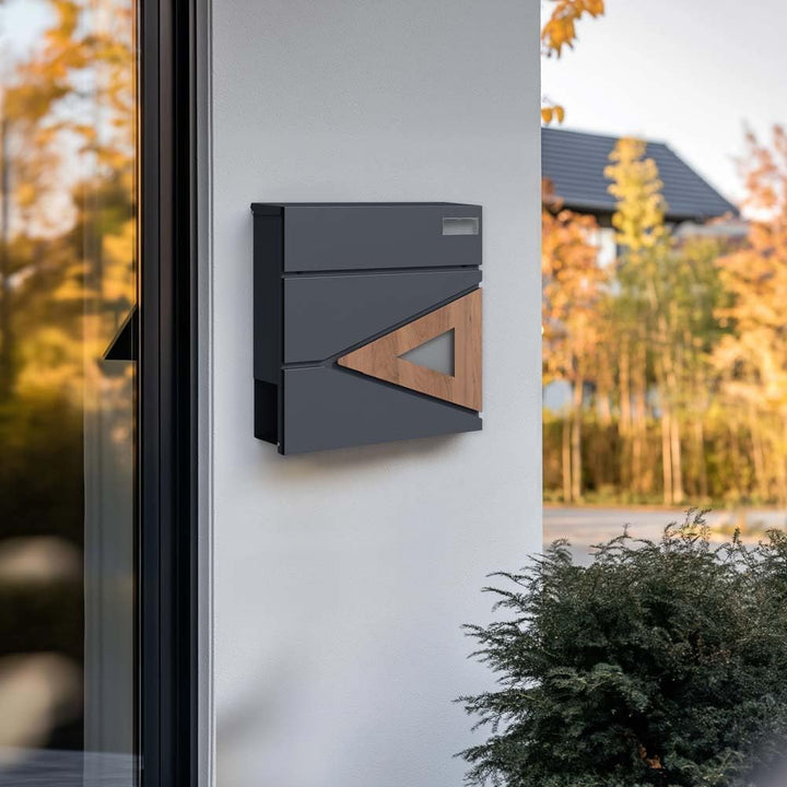 SCHARTEC Briefkasten SPB-8 anthrazit mit Holz Design und Zeitungsfach modern & gross Wandbriefkasten