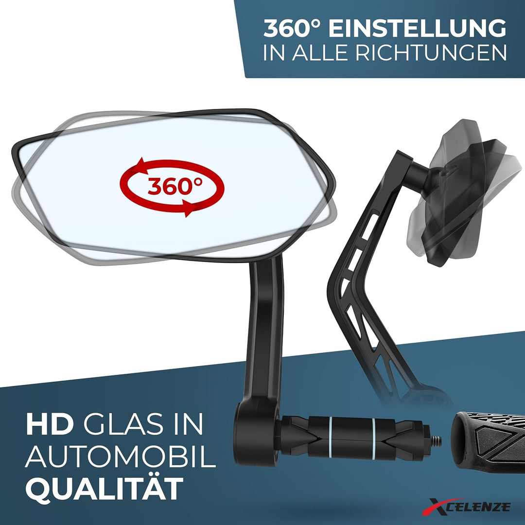 Xcelenze - Fahrradspiegel extra grosse Spiegelfläche |schlagfestes Echtglas| Fahrradspiegel für Lenk