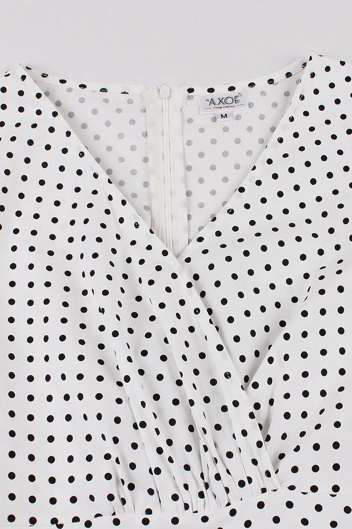 AXOE Damen 60er Jahre Kleid 3/4 Ärmel Cocktailkleid Abendkleid Weiss Polka Dot S, Weiss Polka Dot S