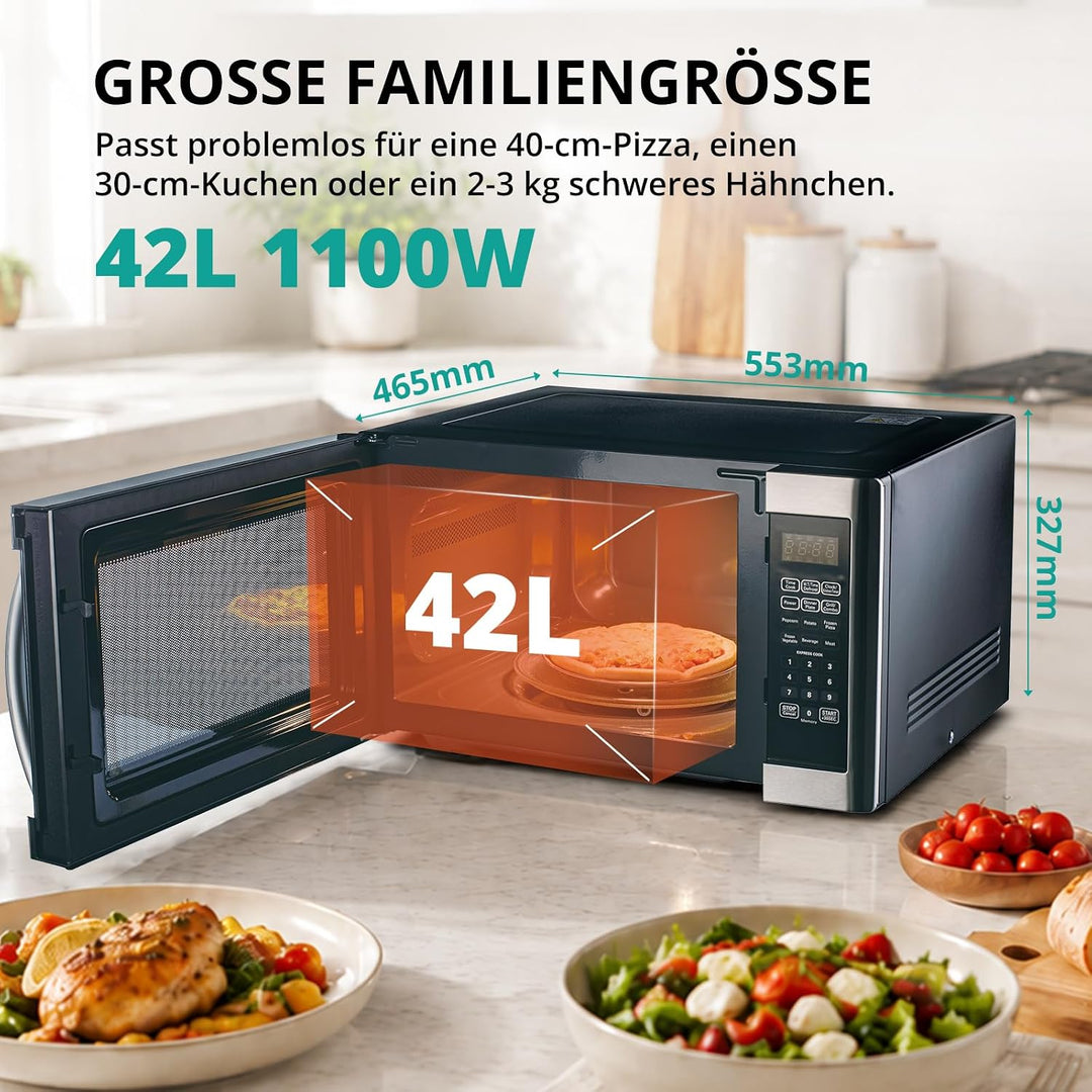 SMETA Mikrowelle Gross 42 liter, Mikrowelle mit Grill, 1100W Mikrowelle & 1400W Grill, 11 Leistungss