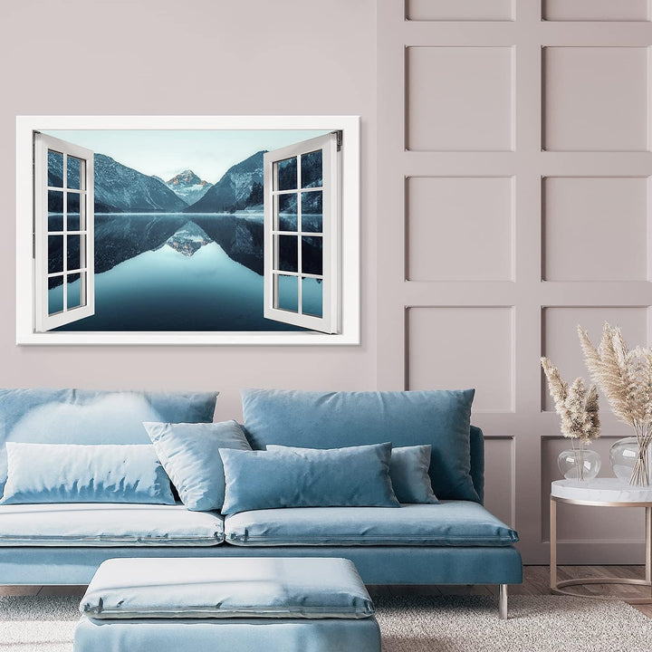 PICANOVA – Bild auf Leinwand Bergsee Plansee Fenster 120x80cm Leinwandbild – Premium Leinwanddruck –