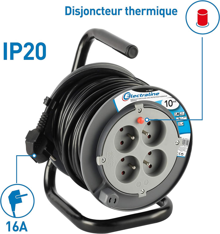 Electraline 208611 PROLONGATEUR Elektrische 10 m mit Kabeltrommel (Stromkabel, 4 Steckdosen 16 A Abs