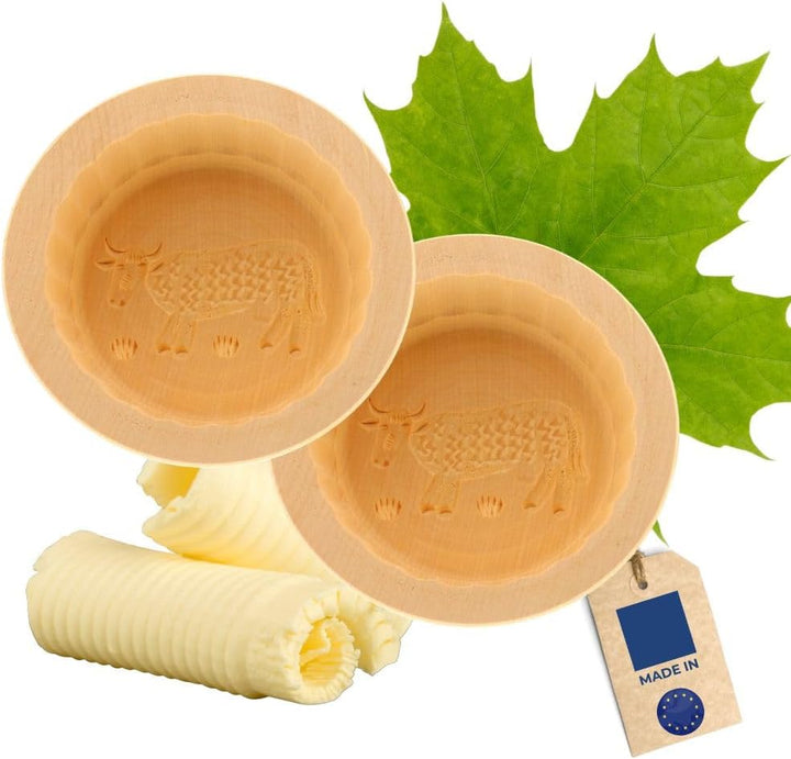 2X HOFMEISTER® Butterform, für 250 g Butter, 11 cm, Kuh, handgeschnitzt in Deutschland, Butter-Form