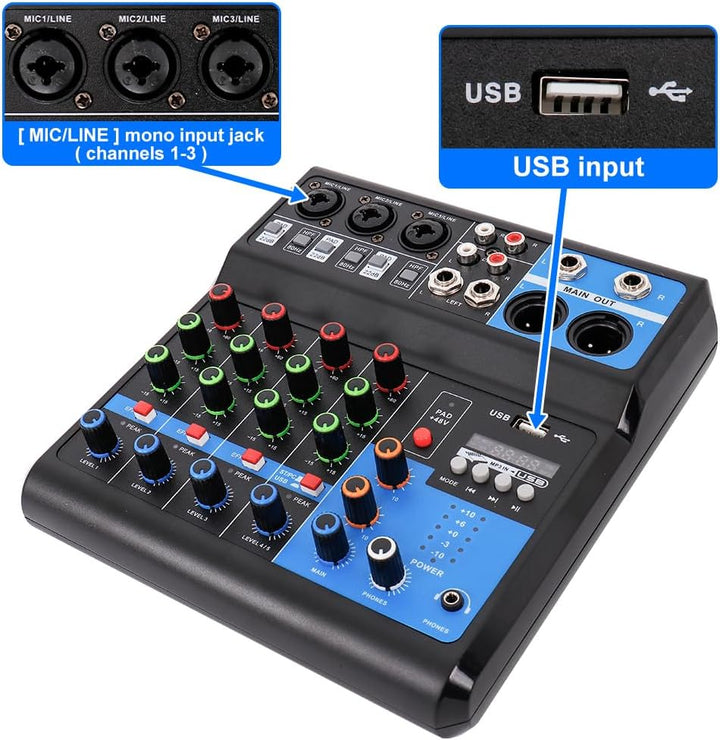 DJ Mischer 5-Kanal Professional 48V USB Mini Audio Mixer Audio Mischpult DJ Konsole Soundboard für S
