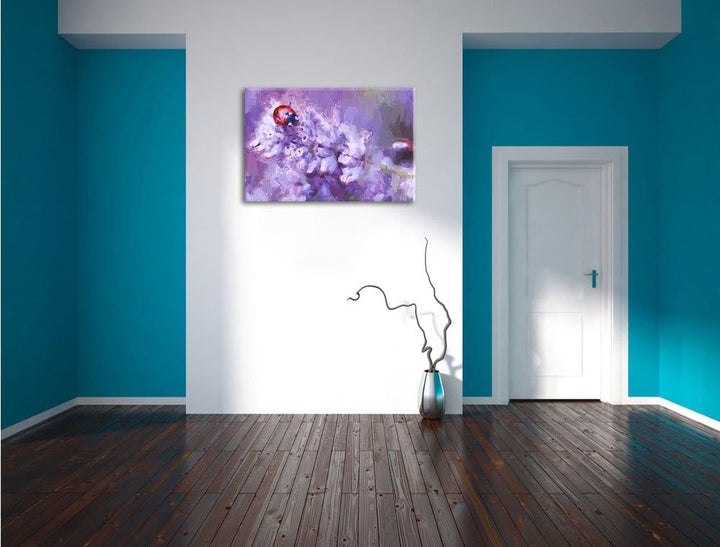 Pixxprint Marienkäfer auf Lavendel als Leinwandbild/Grösse: 100x70 cm/Wandbild/Kunstdruck/fertig bes