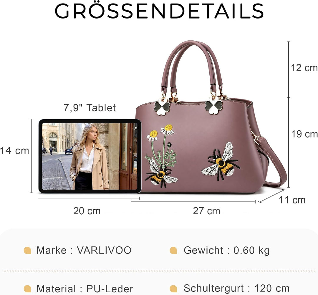 VARLIVOO Elegant Damen Handtasche Stickerei Schultertasche Umhängetasche Shopper Crossbody Bag für A