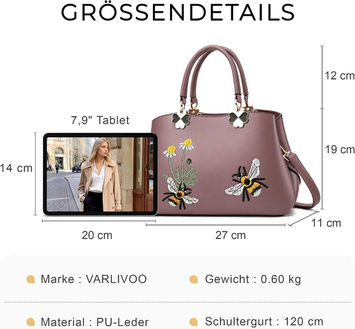 VARLIVOO Elegant Damen Handtasche Stickerei Schultertasche Umhängetasche Shopper Crossbody Bag für A