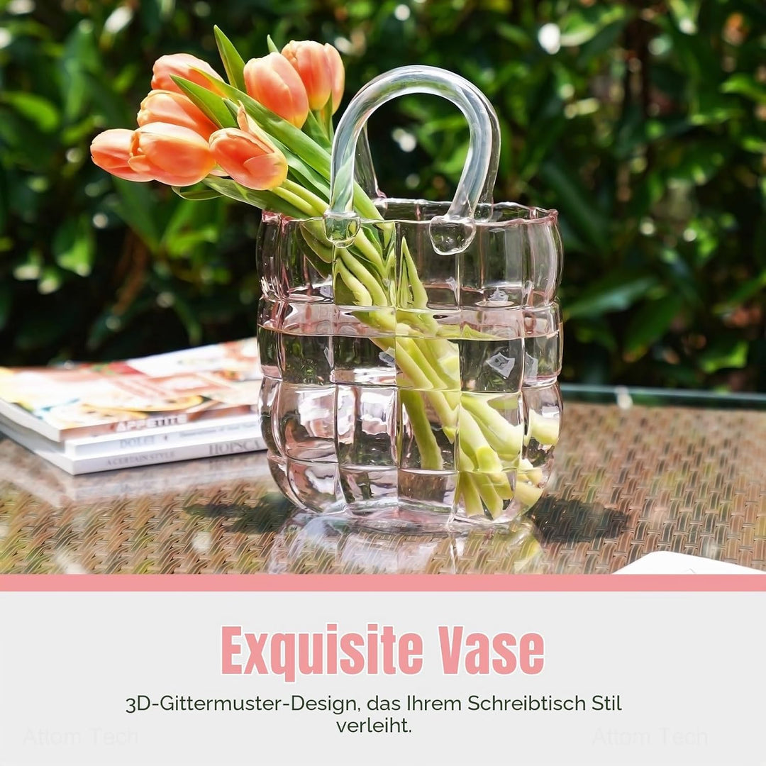 NiHome Glas-Geldbörsen-Vase, rosa Glas-Taschen-Vase mit Griff, Handtaschen-Form, Vase für Blumen, Ba