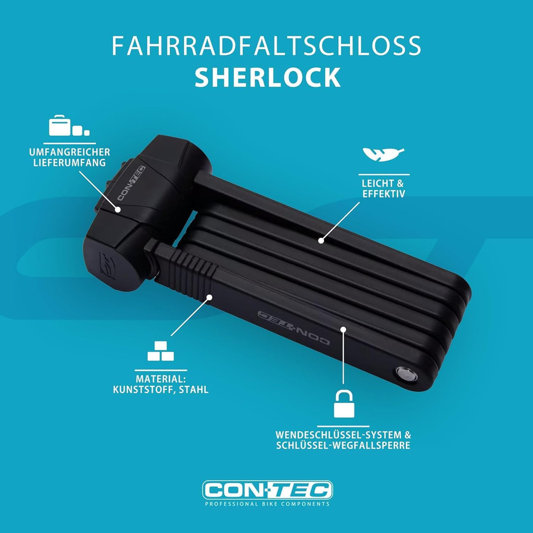 CONTEC Fahrrad Falt-Schloss SherLock, robuster Tredur-Spezial-Stahl, 85 cm mit Halterung, Wende-Schl