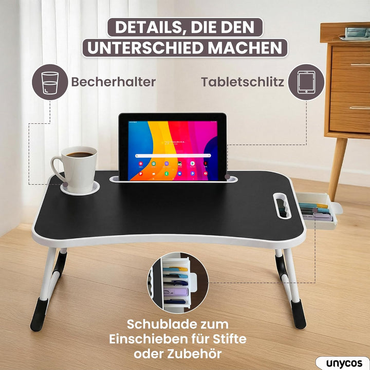 unycos - Klappbarer Laptoptisch, Betttablett, Leseständer, Computertisch, Frühstückstablett, Beistel