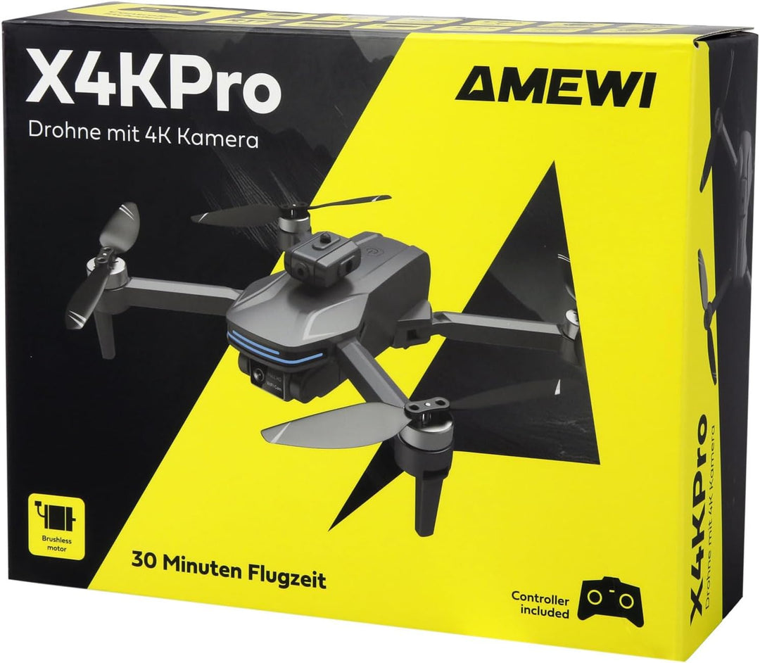 AMXFlight X4KPro Brushless-Drohne, 30 Minuten Flugzeit, mit Kamera inkl. 2 Akkus, Grau