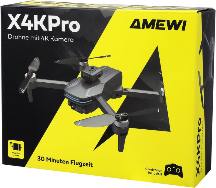 AMXFlight X4KPro Brushless-Drohne, 30 Minuten Flugzeit, mit Kamera inkl. 2 Akkus, Grau