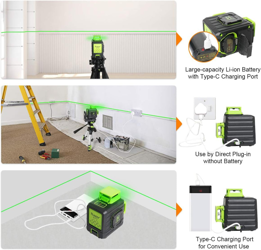 Huepar 2 x 360 Kreuzlinienlaser Grüner Selbstnivellierenden Laser Level, Zwei 360°-Laserlinie, Li-Io