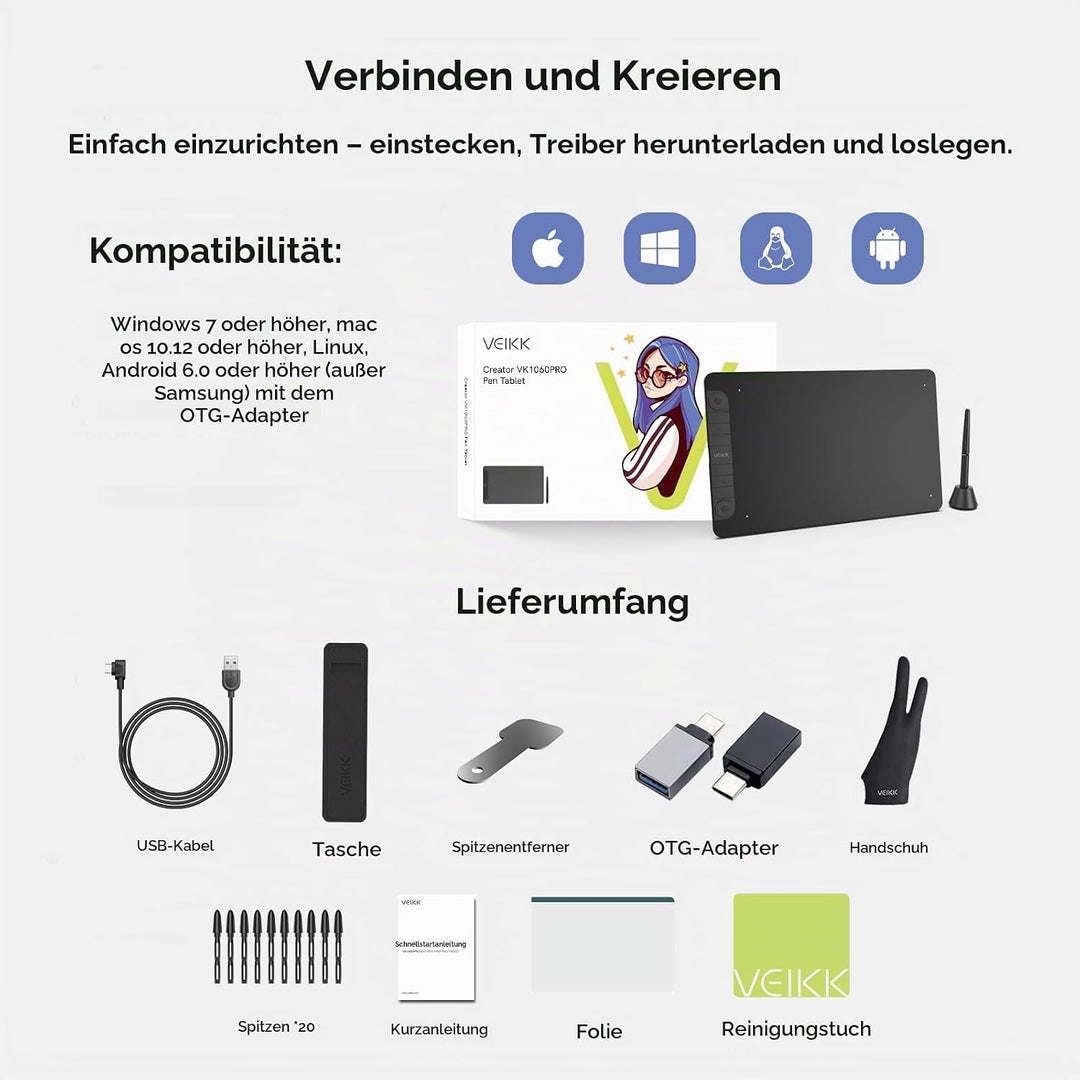 Grafiktablett VEIKK VK1060PRO V2,10 x 6 Zoll Zeichentablett mit 8 Tastenkombinationen mit Batterielo