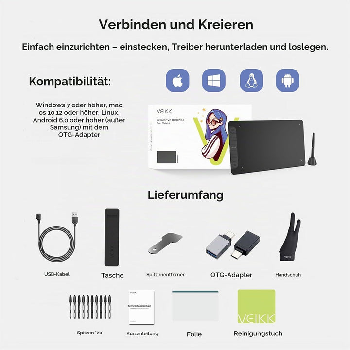 Grafiktablett VEIKK VK1060PRO V2,10 x 6 Zoll Zeichentablett mit 8 Tastenkombinationen mit Batterielo