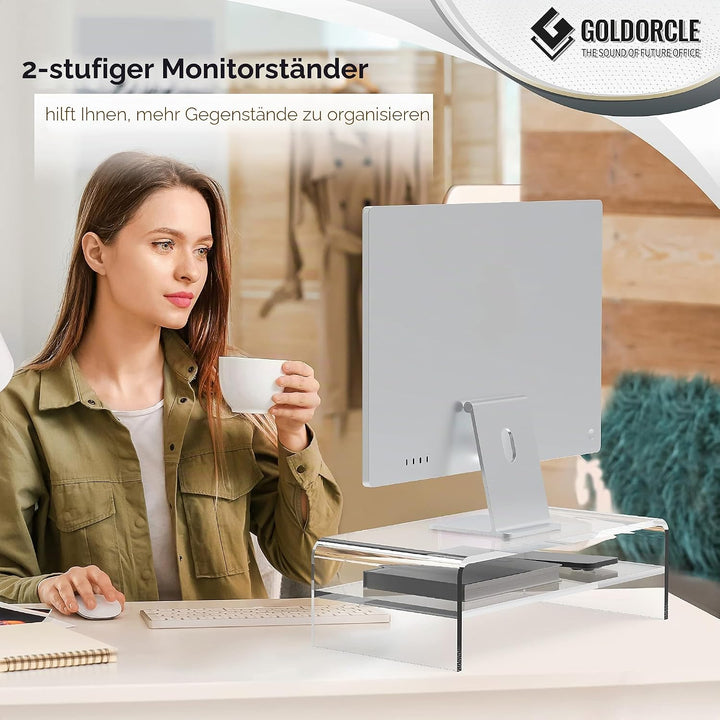 GOLDORCLE 2-Tier Acrylic Monitor Stand Riser Clear Computer Monitor Stand for Laptop PC Printer Comp