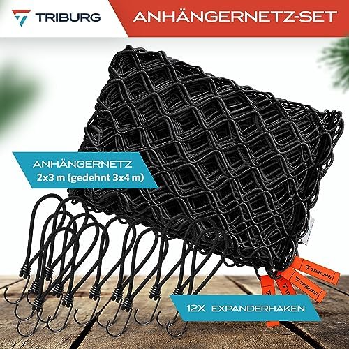 TRIBURG Anhängernetz Dehnbar 2x3 m bis 3x4 m inkl. 12 Expanderhaken | Elastisches Anhänger Netz mit