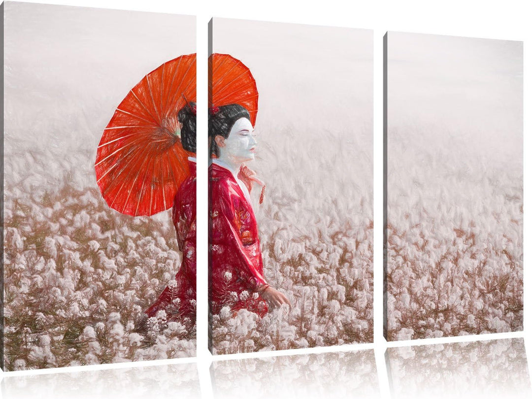 Pixxprint Geisha auf dem Feld / 3-Teilig/Gesamtmass 120cm Leinwandbild bespannt auf Holzrahmen/Wandb