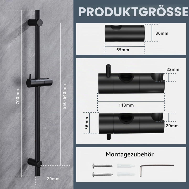 DETBOM Edelstahl Brausestange Schwarz 70cm, Duschstange mit Duschkopfhalterung 360°Drehbar,Duschstan