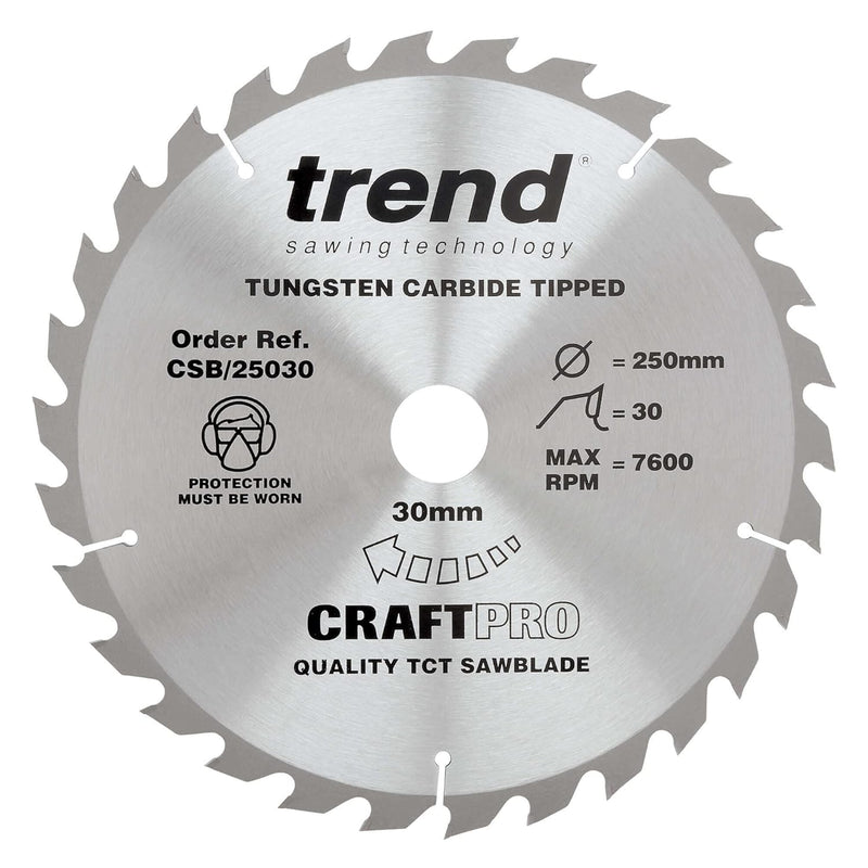 Trend CraftPro Rip TCT Kreissägeblatt für Tischsägen, 250mm x 30 Zähne x 30mm Bohrung, Hartmetallbes