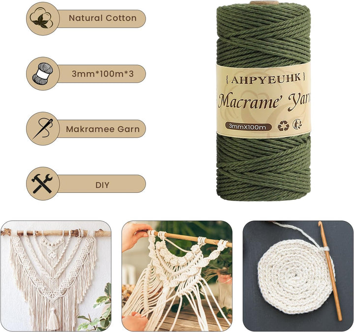 Makramee Garn 3mm X 100m,3 Stuck Makramee Baumwollgarn Baumwollschnur Natur Bastelschnur Makramee Zu