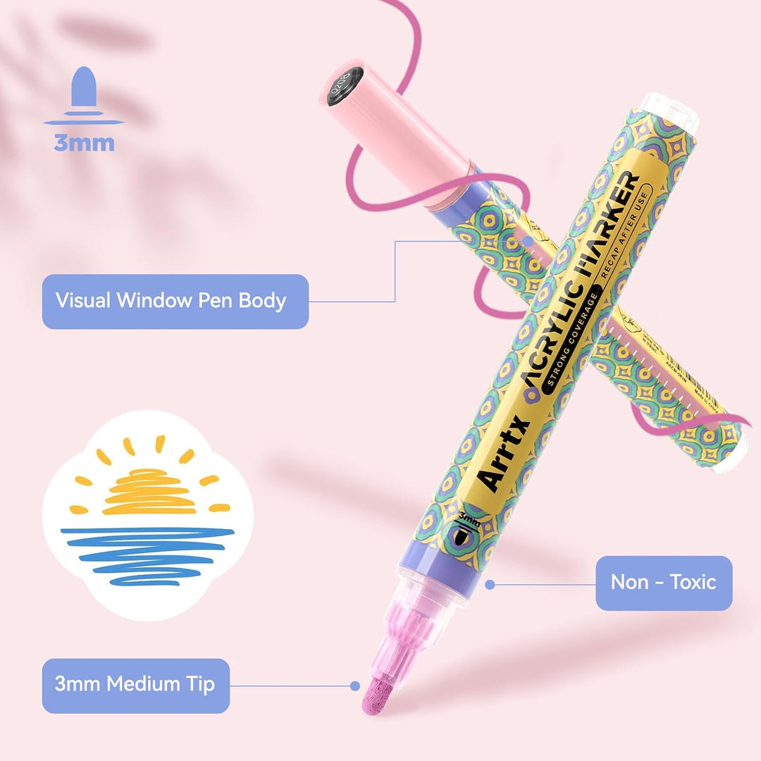 Arrtx 48 Farben Acrylstifte für Steine wasserfest, 3 mm Farbmarker mit mittlerer Spitze, Permanent A