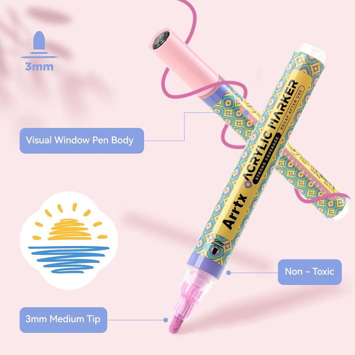 Arrtx 48 Farben Acrylstifte für Steine wasserfest, 3 mm Farbmarker mit mittlerer Spitze, Permanent A