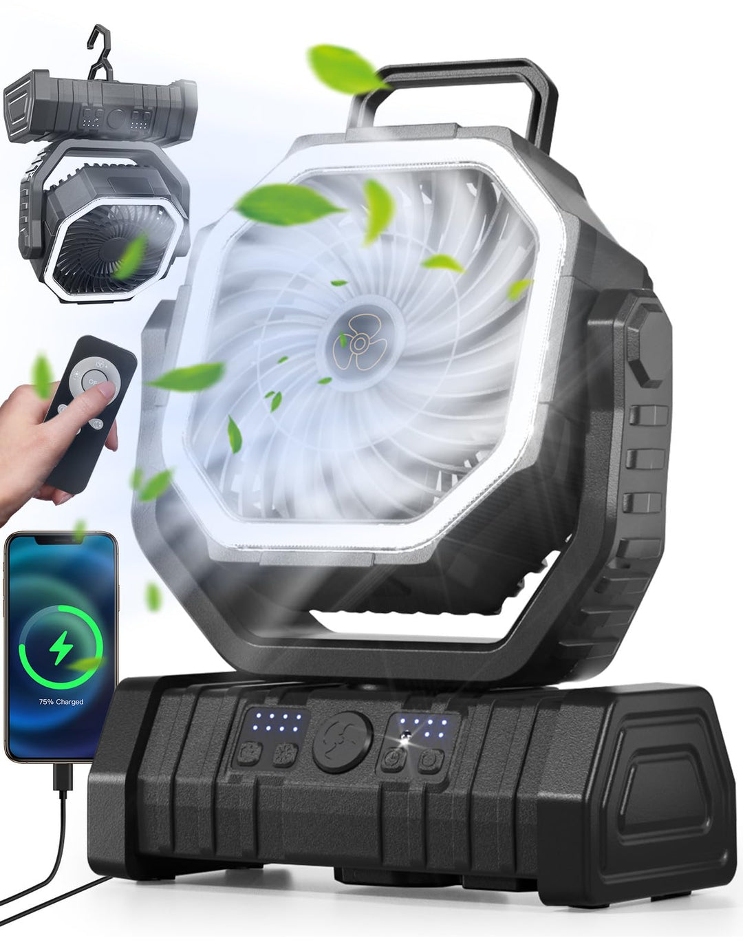 Richday Camping Ventilator 20000mAh Leise Ventilator 4 Geschwindigkeiten 270°Drehung Tischventilator