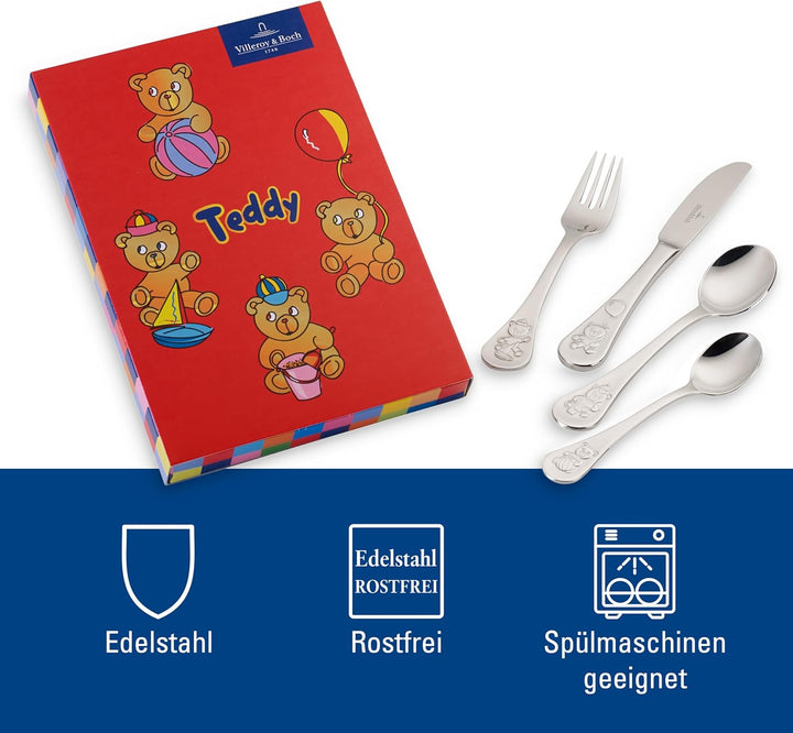 Villeroy und Boch Teddy Kinderbesteck 4-teilig, 18/10 Edelstahl, Silber, 21,5 x 15 x 2,5 cm