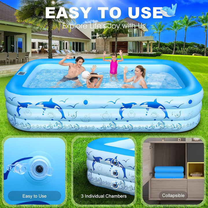 LanOcean Aufblasbarer Pool Erwachsene mit Lichter, Solar Swimmingpool Kinder mit 12 Beleuchtungmodi,