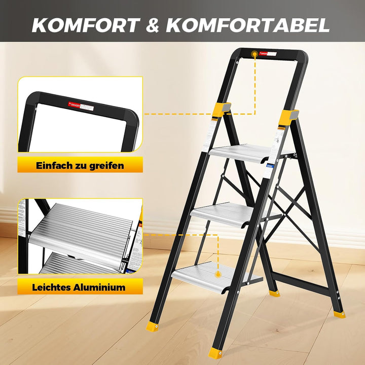 KINGRACK Trittleiter 3 Stufen Klappbar Aluminium, Klappleiter mit Handlauf, Haushaltsleiter Anti-Rut