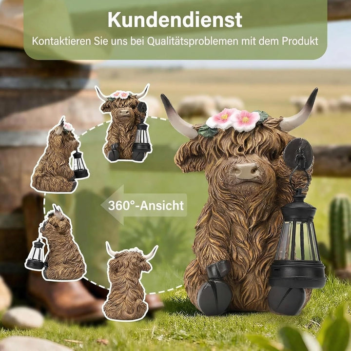 Highland Cow Kuh Figuren mit Blumen Solar Deko für Gartendeko &amp; Wohnzimmer - Solar-Laterne, Bernstei