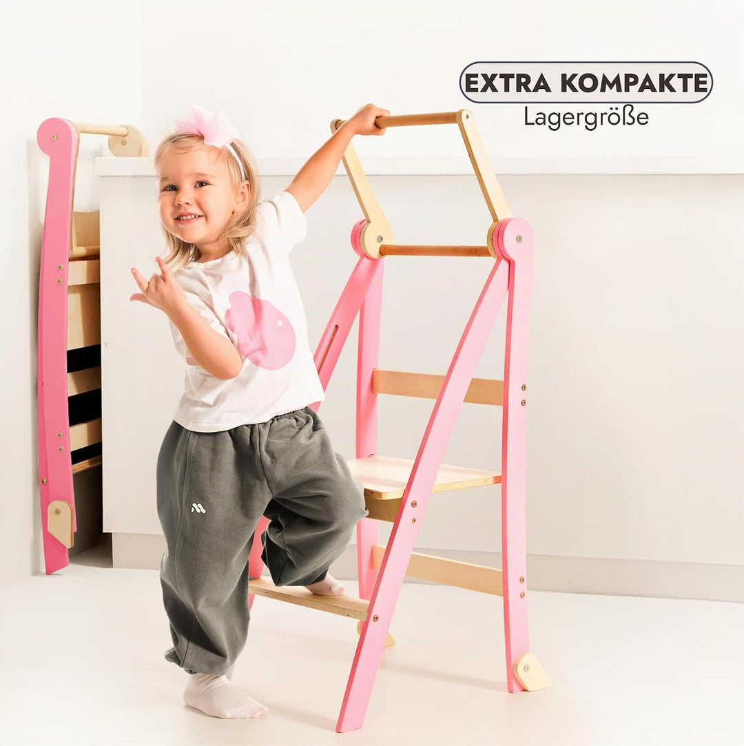 Goodevas Holz Lernleiter Montessori platzsparend: Klappbare Lernleiter, Hocker für Kinder, Faltbare