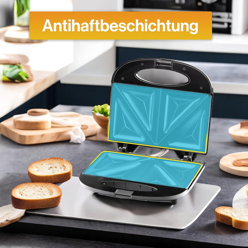 Iskra Sandwichmaker mit Antihaftbeschichtung, Sandwichtoaster klein mit Überhitzungsschutz 800W