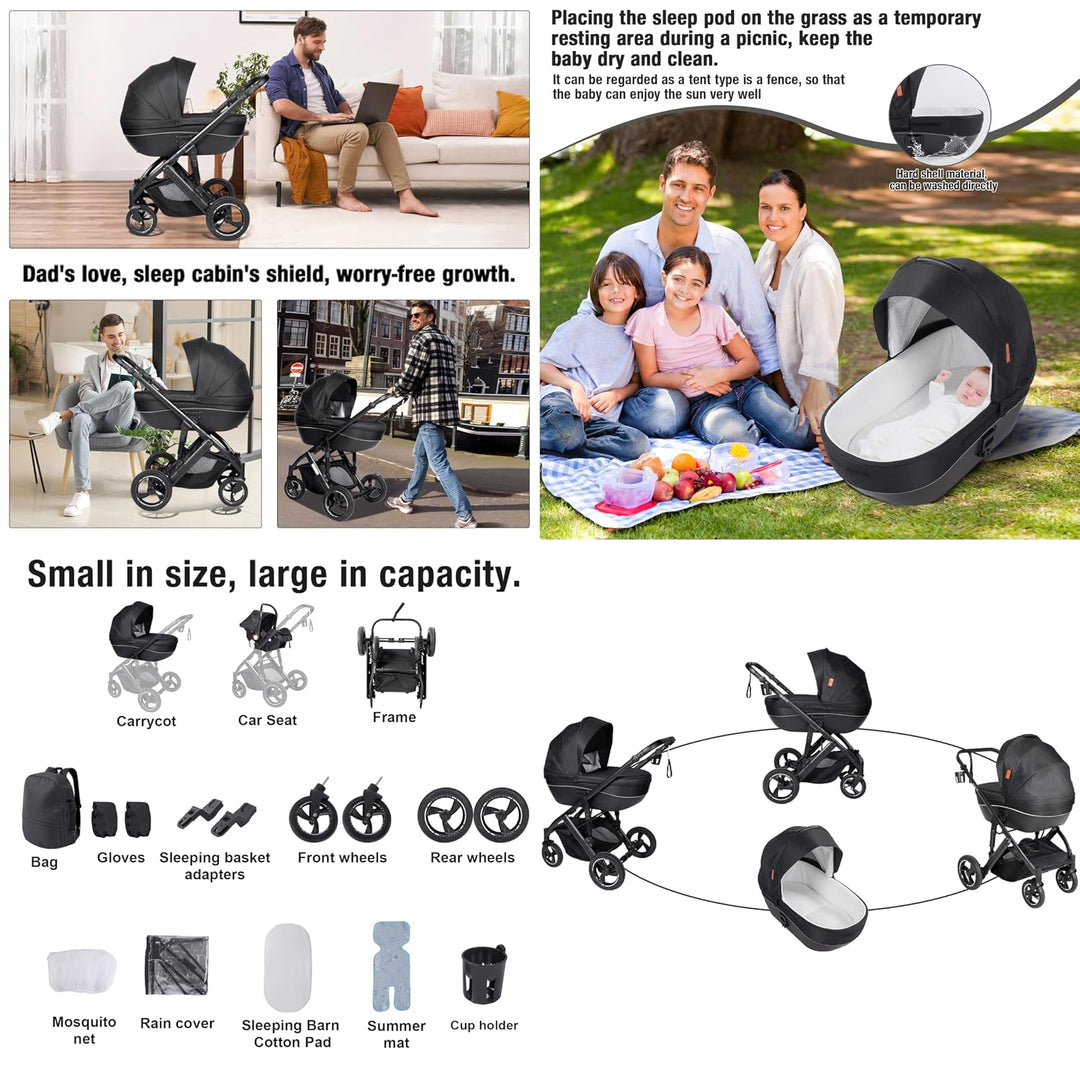 Kinderwagen 3 in 1, Kombikinderwagen 3 in 1 mit Zwei Umkehrbaren Schiebemodi, Kinderwagen Komplettse