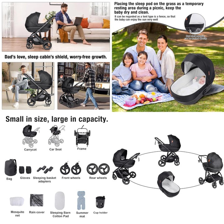 Kinderwagen 3 in 1, Kombikinderwagen 3 in 1 mit Zwei Umkehrbaren Schiebemodi, Kinderwagen Komplettse