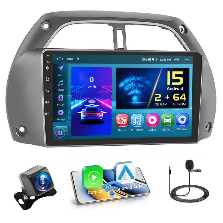 Hikity 2GB+64GB Android 15 Autoradio für Toyota RAV4 2001-2006 Radio Wireless CarPlay Android Auto B