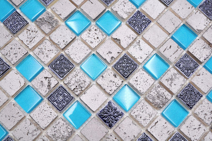 Glasmosaik Quadrat Crystal/Stein/Resin mix blau Rustikal, Mosaikstein Format: 23x23x8 mm, Bogengröss