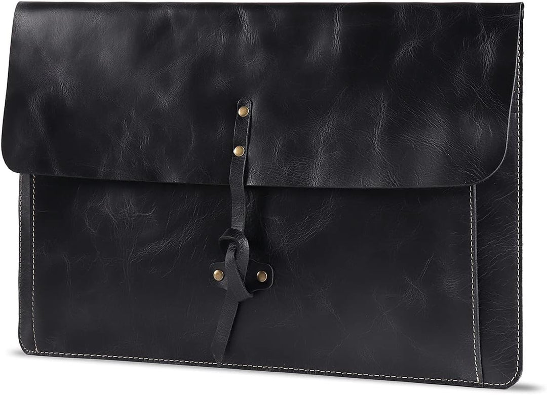 Londo Real Grain Leather MacBook Pro Case with Front Pocket & Flap Closure (Schwarz, 15-16 Zoll), OT