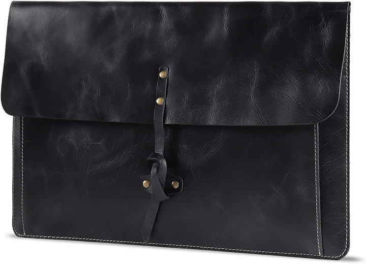 Londo Real Grain Leather MacBook Pro Case with Front Pocket & Flap Closure (Schwarz, 15-16 Zoll), OT