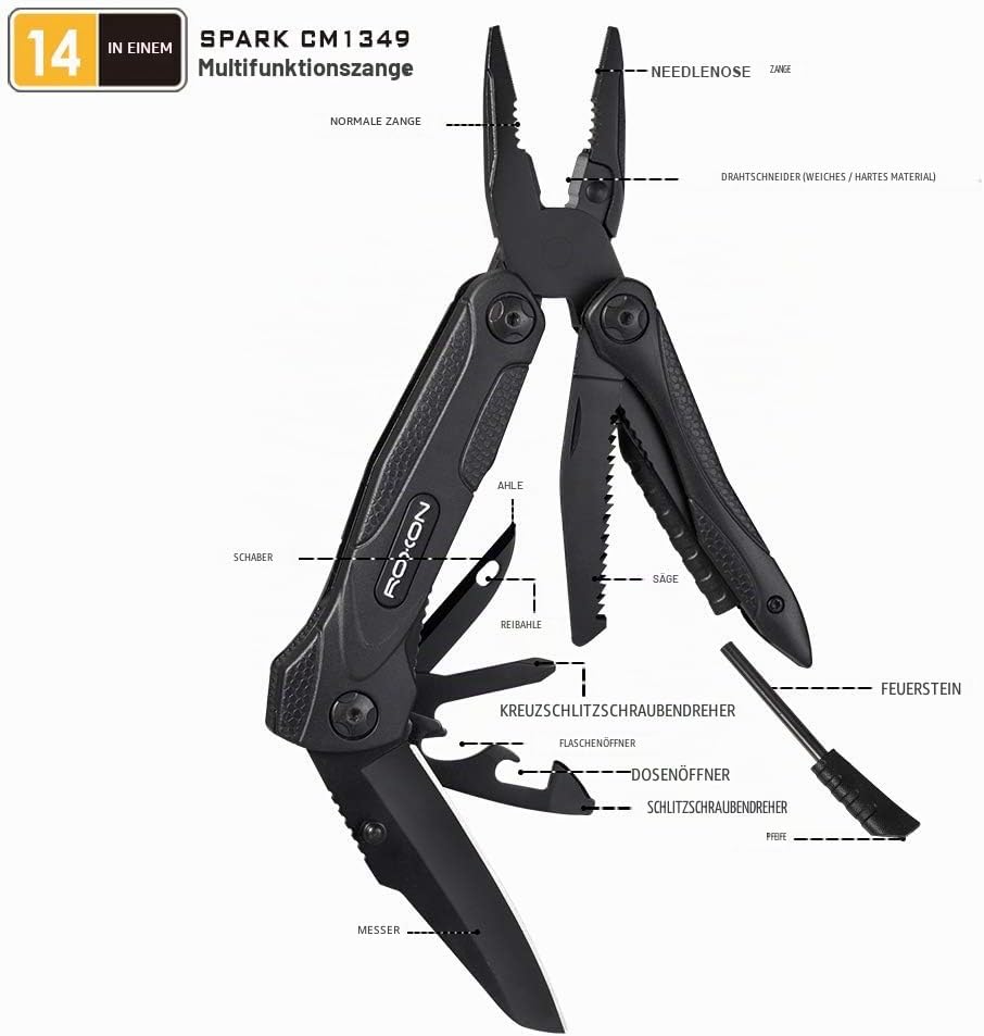 ROXON CM1349 Spark Multitool-Zange, 14-in-1 Multifunktionswerkzeuge, Klappzange, Mehrzweck-Outdoor-Ü