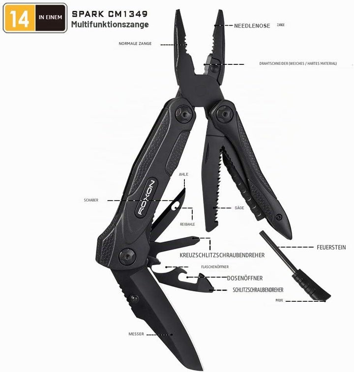 ROXON CM1349 Spark Multitool-Zange, 14-in-1 Multifunktionswerkzeuge, Klappzange, Mehrzweck-Outdoor-Ü