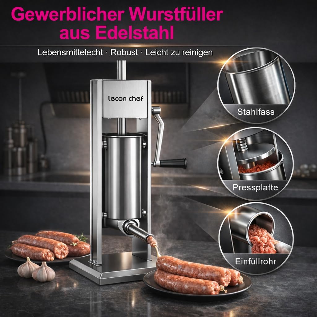 Wurstfüller 5L Manuell, Edelstahl Wurstfüllmaschine mit 2-Gang-Getriebe und 4 Füllrohren, Vertikale