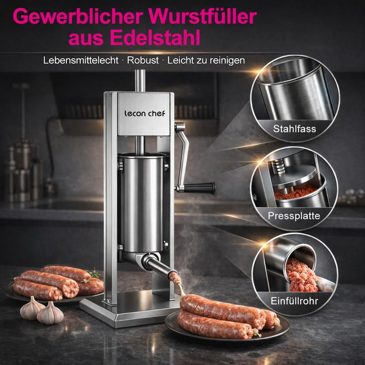 Wurstfüller 5L Manuell, Edelstahl Wurstfüllmaschine mit 2-Gang-Getriebe und 4 Füllrohren, Vertikale