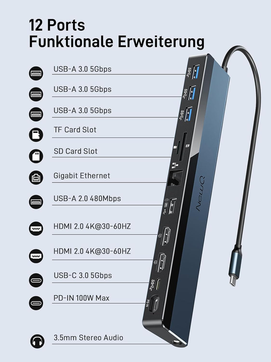 USB C Dockingstation Dual Monitor, 12-in-1 Laptop-Dock mit Dual HDMI 4K @ 30~60Hz, PD-in 100W, 5Gbps