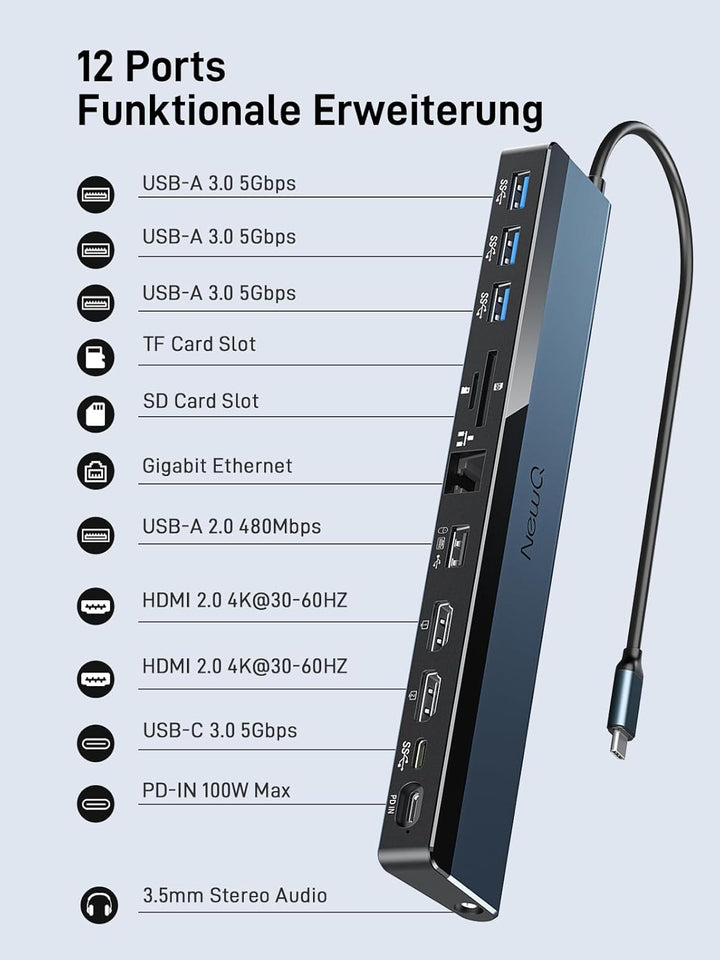 USB C Dockingstation Dual Monitor, 12-in-1 Laptop-Dock mit Dual HDMI 4K @ 30~60Hz, PD-in 100W, 5Gbps