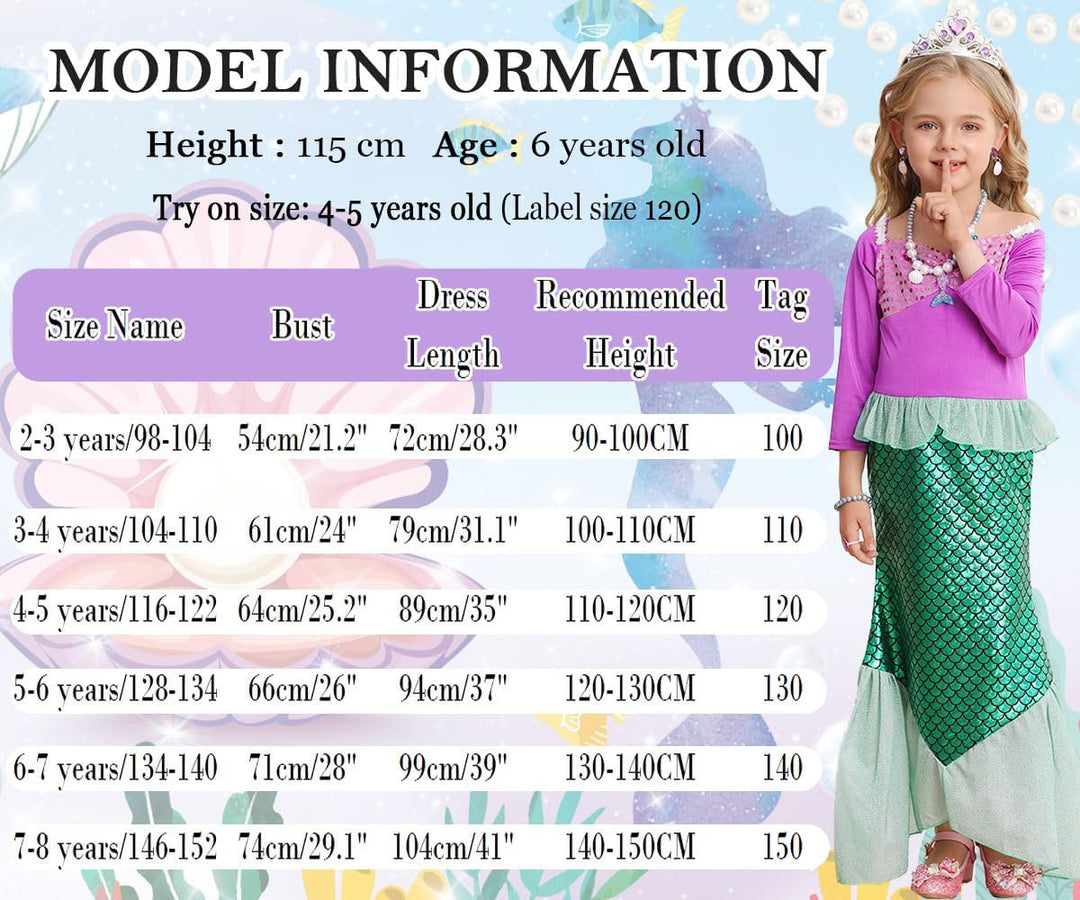 LiUiMiY Meerjungfrau Kostüm Mädchen Arielle Kleid Kinder Langarm Verkleidung Fasching Geburtstag Hal