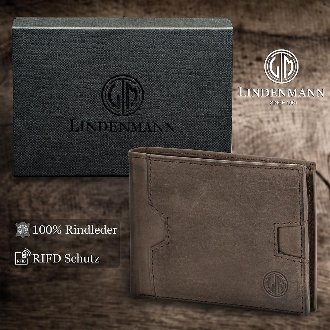 LINDENMANN Geldbörse Herren Portemonnaie Herren Leder, Rindleder matt, RFID-Schutz, braun