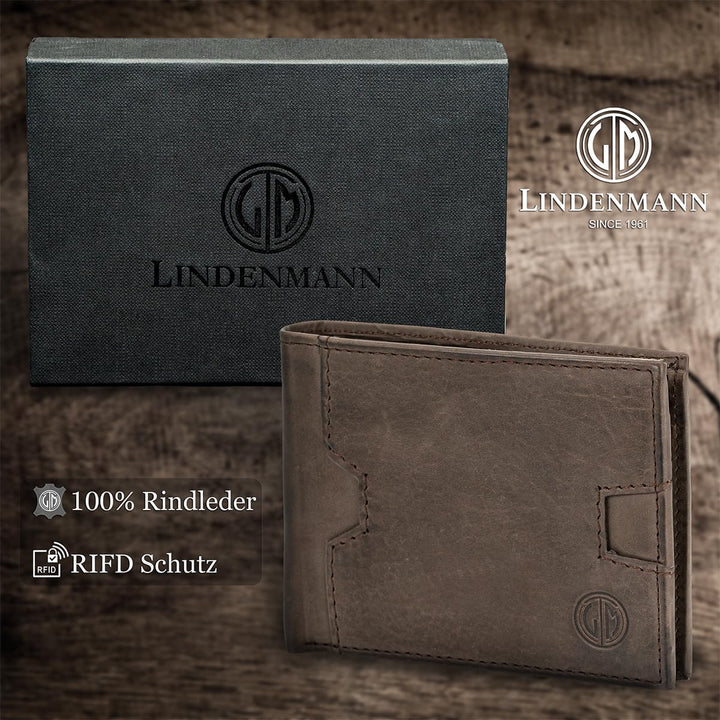 LINDENMANN Geldbörse Herren Portemonnaie Herren Leder, Rindleder matt, RFID-Schutz, braun