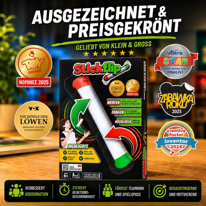 Stickflip - Werfen, Fangen, Hochleveln | 10 Spiele mit LEDs und Sound, Solo und Multiplayer, elektro